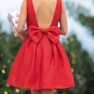 Med Soprano solid Red deep V bow back sleeveless side zip party Cocktail Dress